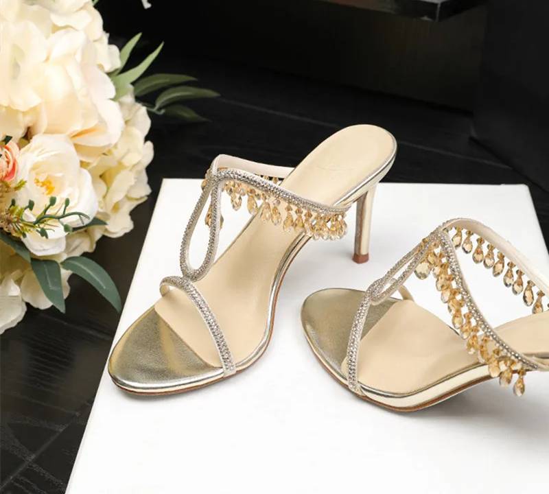 Crystal Rhinestones  Pendant Narrow Band High Heels Sandals