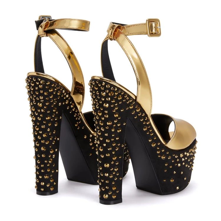 Designer Crystal Stud Strappy Peep Toe Chunky Block Heel Sandals
