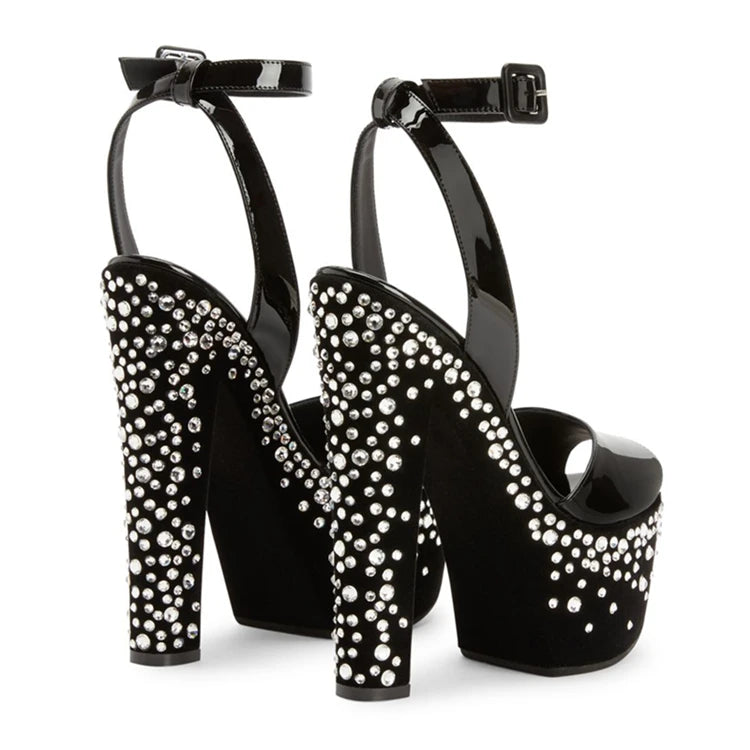 Designer Crystal Stud Strappy Peep Toe Chunky Block Heel Sandals