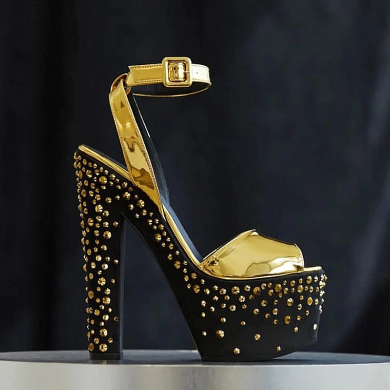 Designer Crystal Stud Strappy Peep Toe Chunky Block Heel Sandals