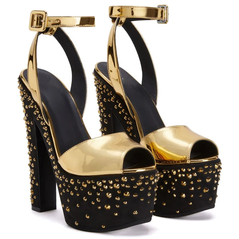Designer Crystal Stud Strappy Peep Toe Chunky Block Heel Sandals