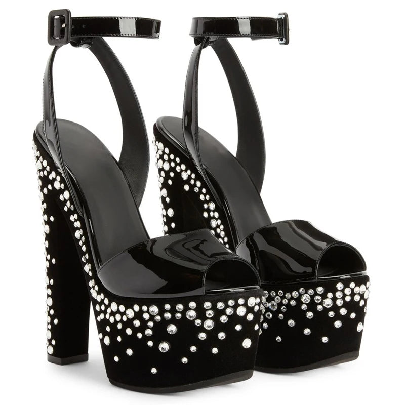 Designer Crystal Stud Strappy Peep Toe Chunky Block Heel Sandals