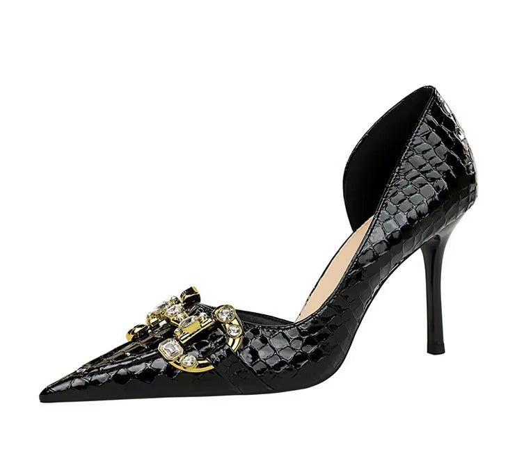 Luxury Designer Metal Chain Buckle High Heels Stiletto Prom Shoes
