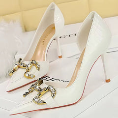 Luxury Designer Metal Chain Buckle High Heels Stiletto Prom Shoes