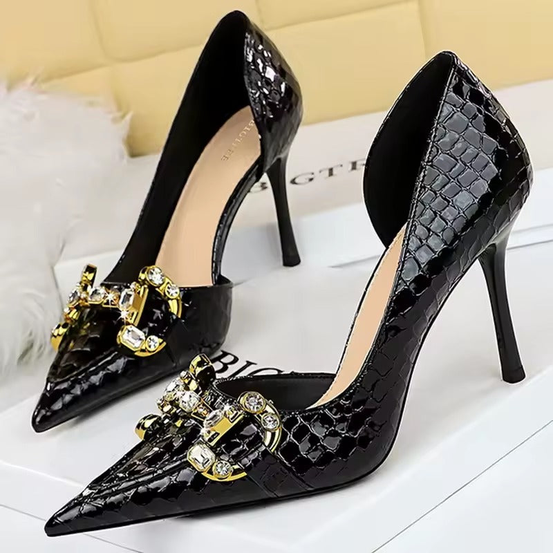 Luxury Designer Metal Chain Buckle High Heels Stiletto Prom Shoes