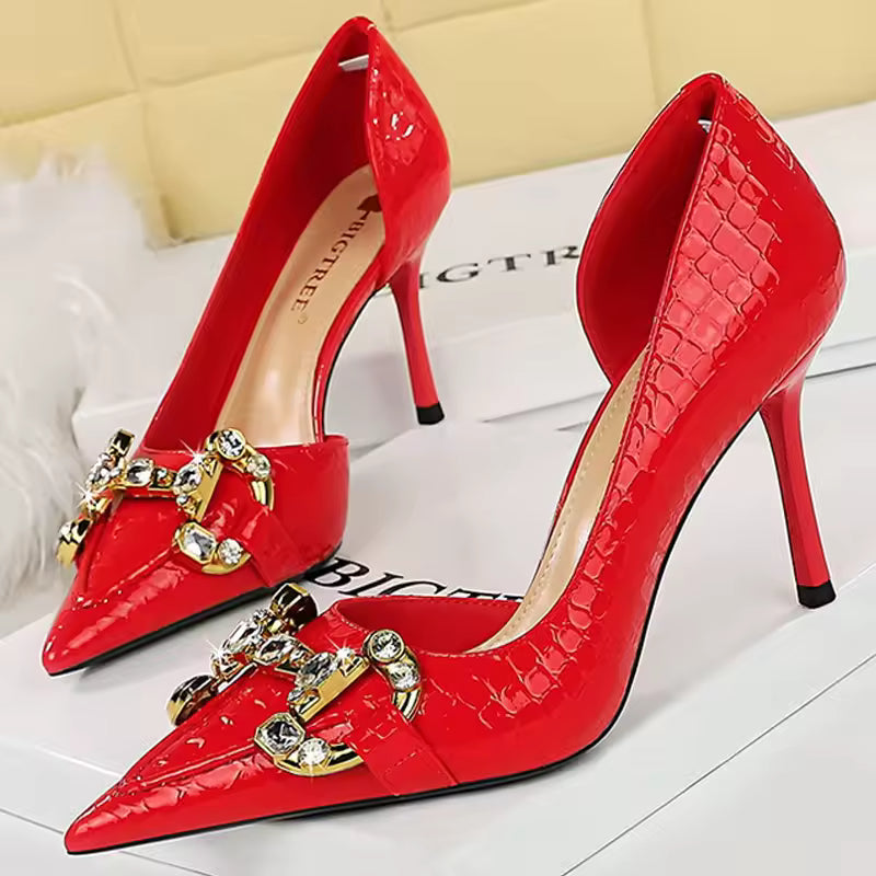 Luxury Designer Metal Chain Buckle Stiletto High Heels