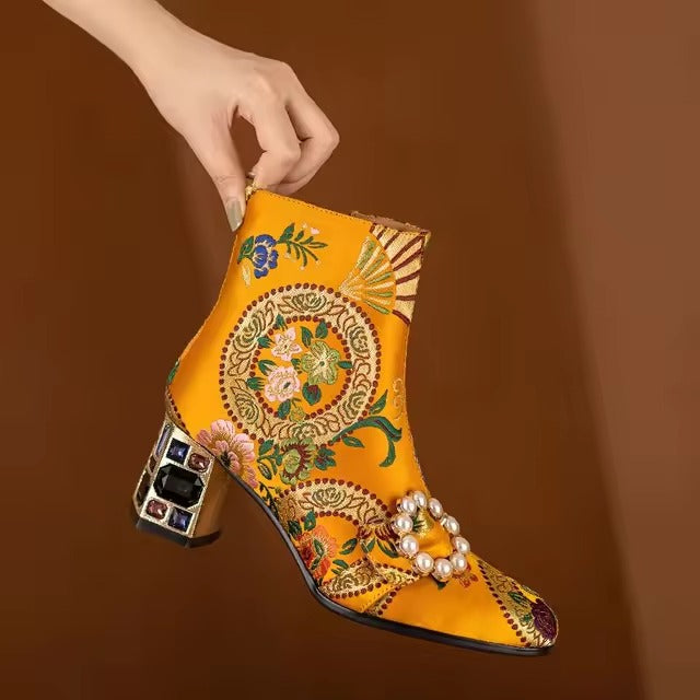 Luxury Embroidery Floral Genuine Leather Rhinestones Block Ankle Heel Boots