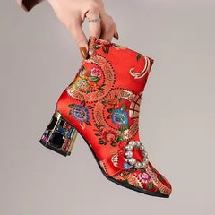 Luxury Embroidery Floral Genuine Leather Rhinestones Block Ankle Heel Boots