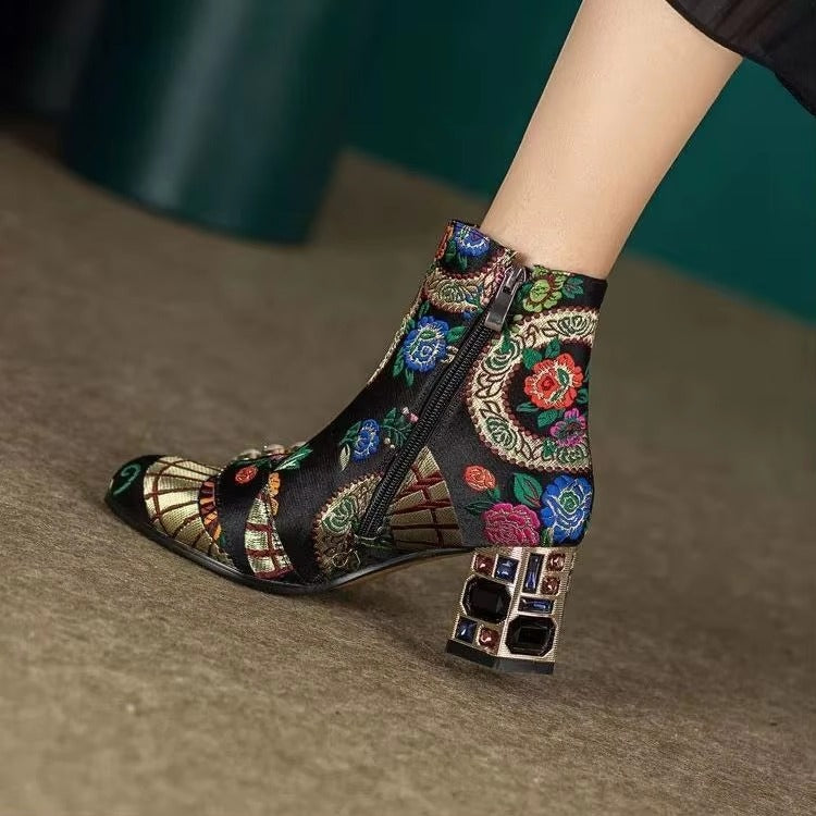 Luxury Embroidery Floral Genuine Leather Rhinestones Block Ankle Heel Boots