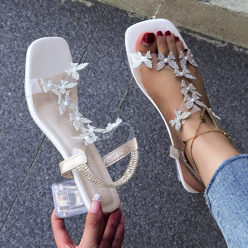 Flash Drill Transparent Square High Heels Modern Sandals