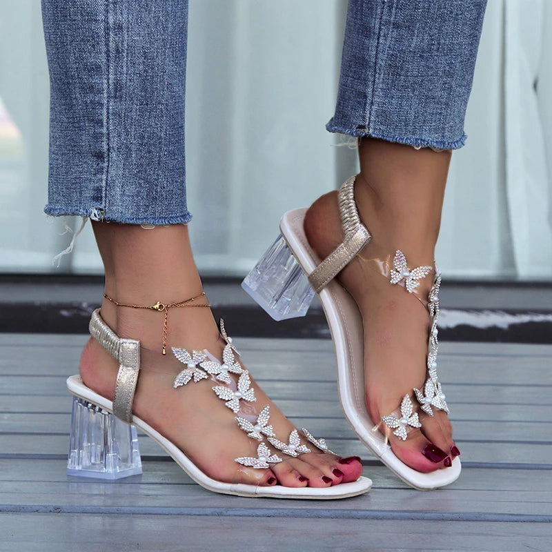 Flash Drill Transparent Square High Heels Modern Sandals
