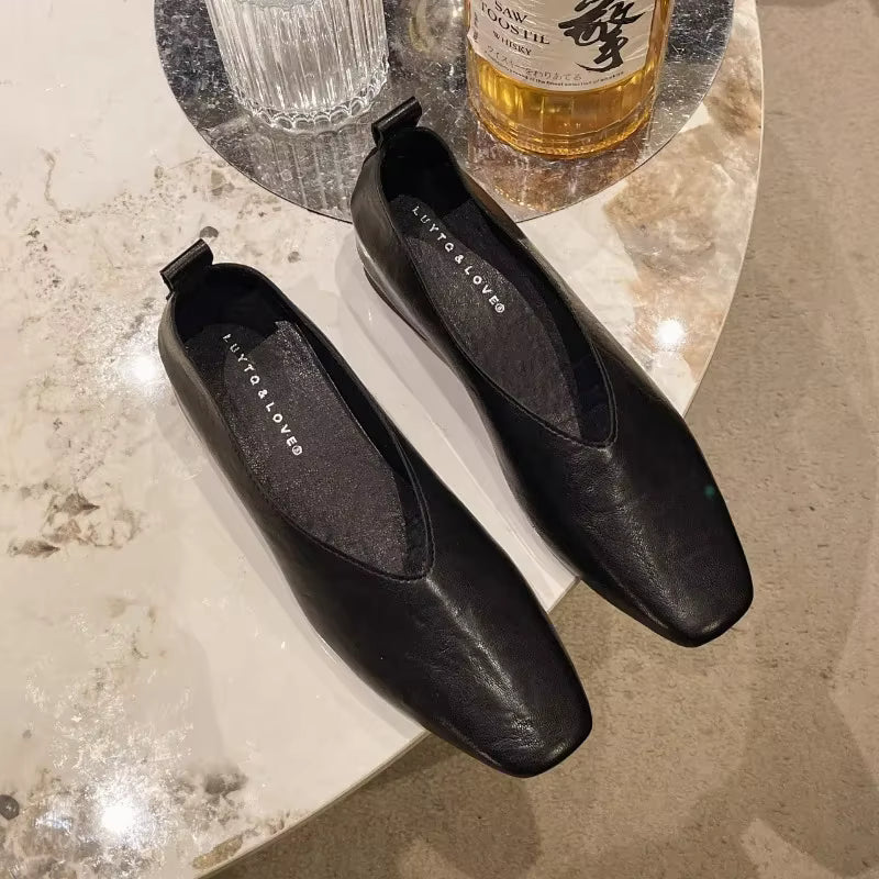 Genuine Leather Pumps Solid Square Toe Loafers
