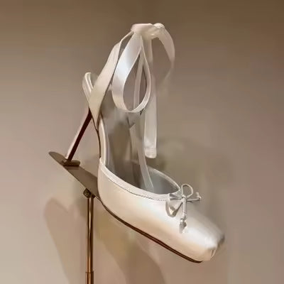 Lace-Up Square Toe Pumps Pleated Slingback Wedding Sandals