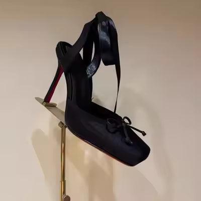 Lace-Up Square Toe Pumps Pleated Slingback Wedding Sandals