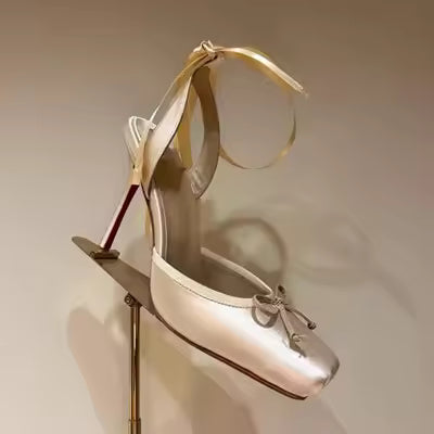 Lace-Up Square Toe Pumps Pleated Slingback Wedding Sandals