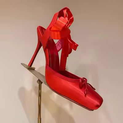 Lace-Up Square Toe Pumps Pleated Slingback Wedding Sandals