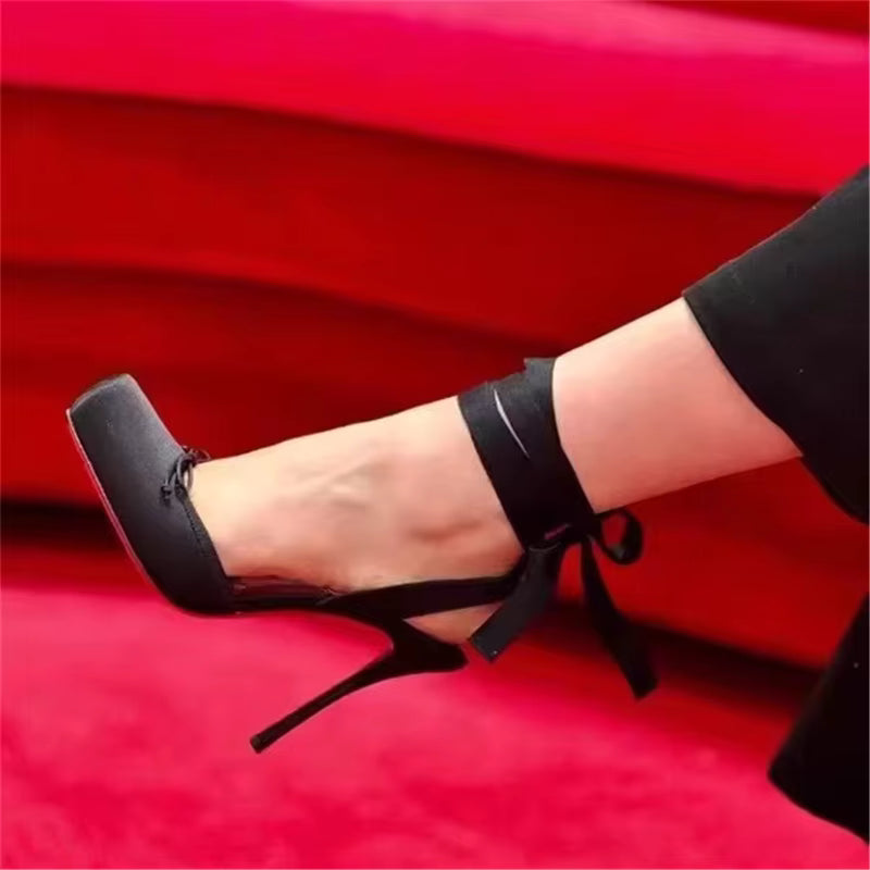 Lace-Up Square Toe Pumps Pleated Slingback Wedding Sandals