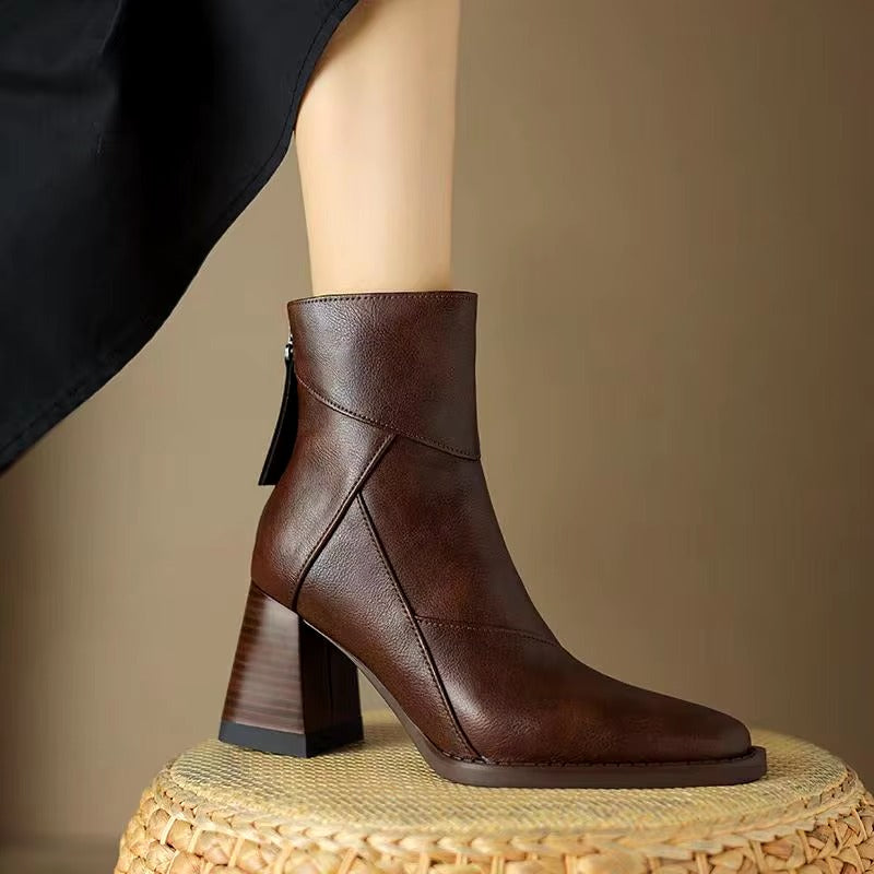 Luxury Leather Zipper High Heels Ankle Boots