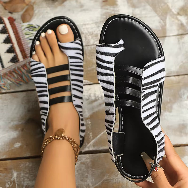 Leopard Print Roman Ring Toe Elastic Band Flat Sandal