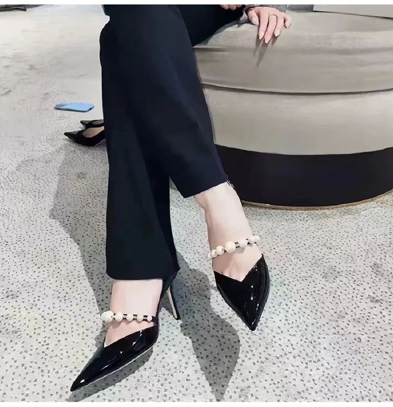 Pearls Rhinestones Patent Leather Pointed toe Thin High heels