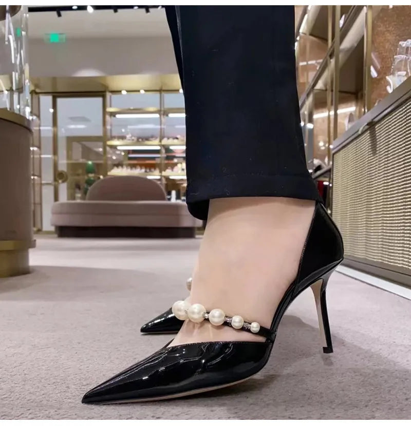 Pearls Rhinestones Patent Leather Pointed toe Thin High heels