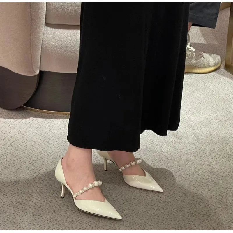 Pearls Rhinestones Patent Leather Pointed toe Thin High heels