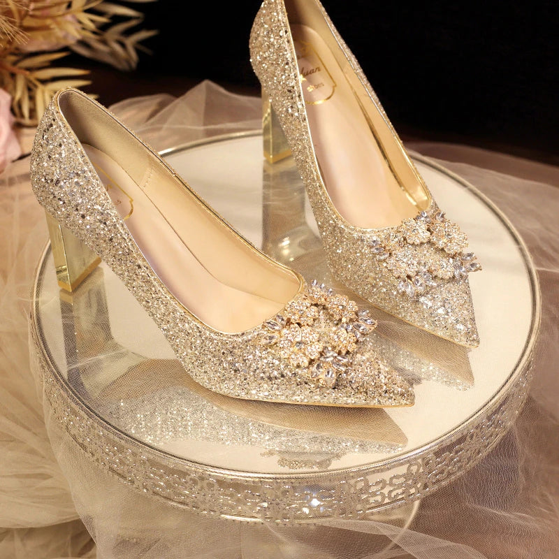 Pointed Toe Rhinestone Bridesmaid Wedding Party High Heels