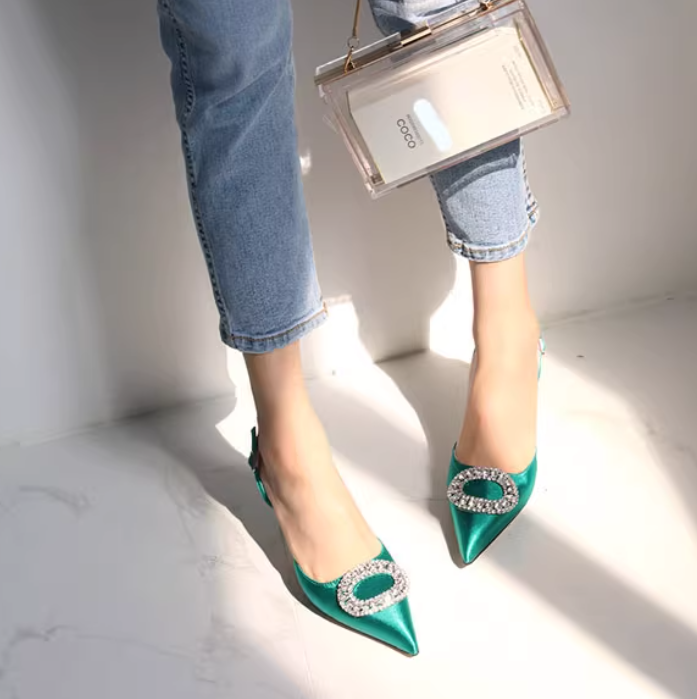 Rhinestone Buckle Strap Stiletto Pointed High Heel Pumps