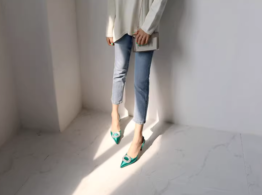 Rhinestone Buckle Strap Stiletto Pointed High Heel Pumps