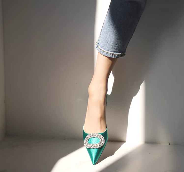 Rhinestone Buckle Strap Stiletto Pointed High Heel Pumps