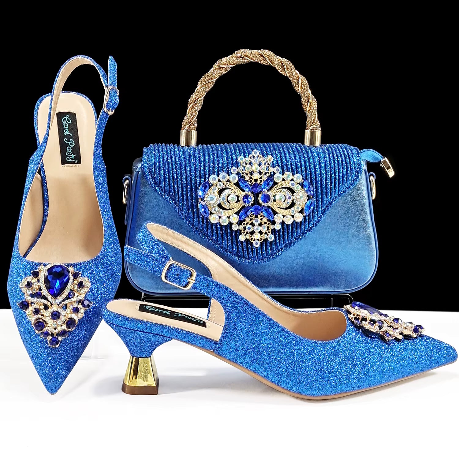 Luxury Rhinestone High Heels for Party Wedding Pointed Toe Shoe Bag Set