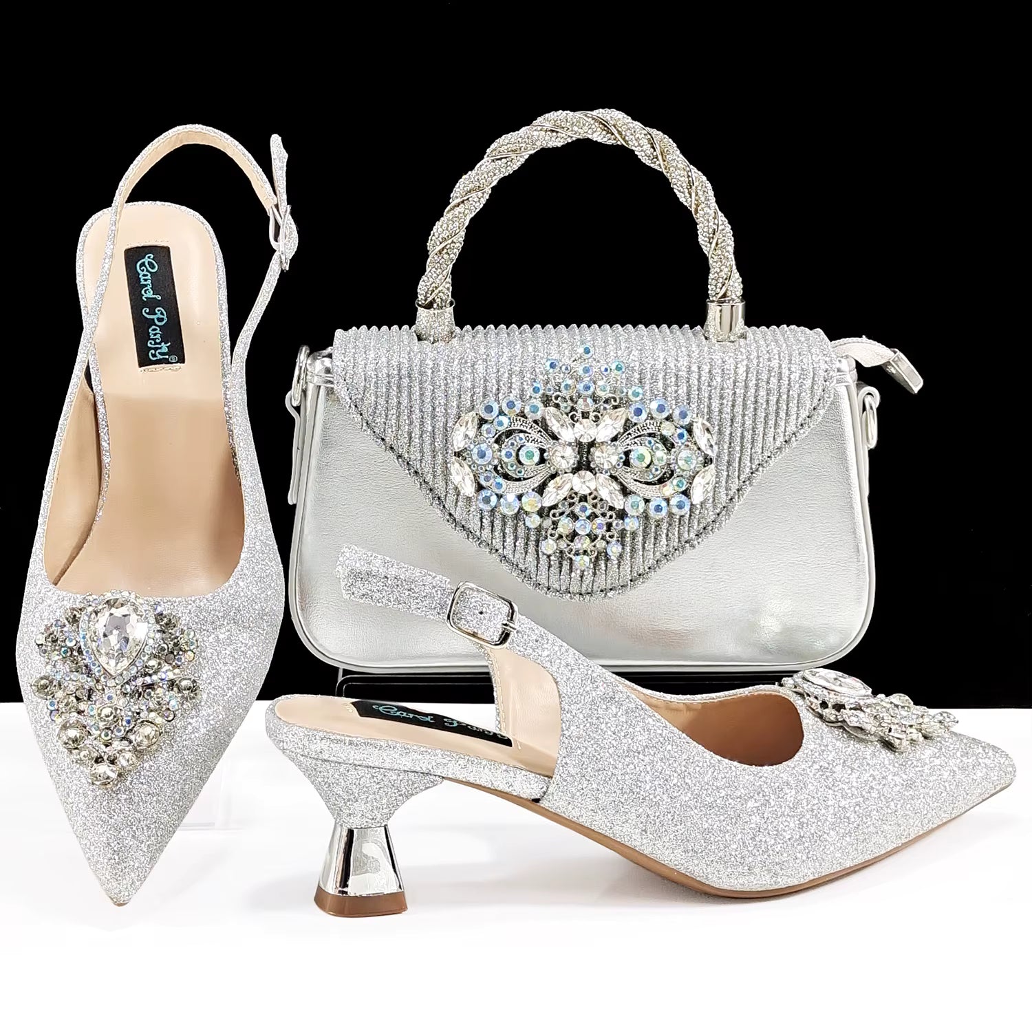 Luxury Rhinestone High Heels for Party Wedding Pointed Toe Shoe Bag Set