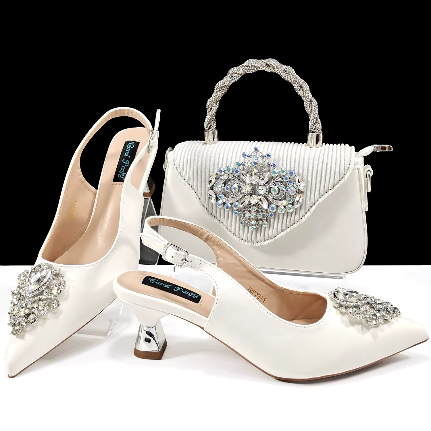 Luxury Rhinestone High Heels for Party Wedding Pointed Toe Shoe Bag Set