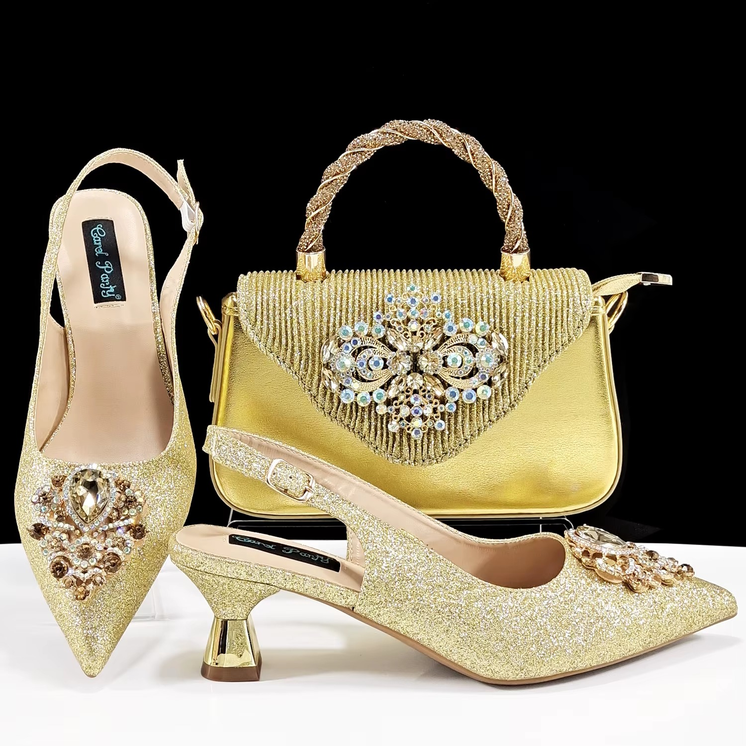 Luxury Rhinestone High Heels for Party Wedding Pointed Toe Shoe Bag Set