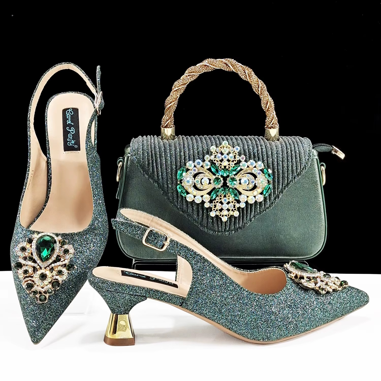 Luxury Rhinestone High Heels for Party Wedding Pointed Toe Shoe Bag Set