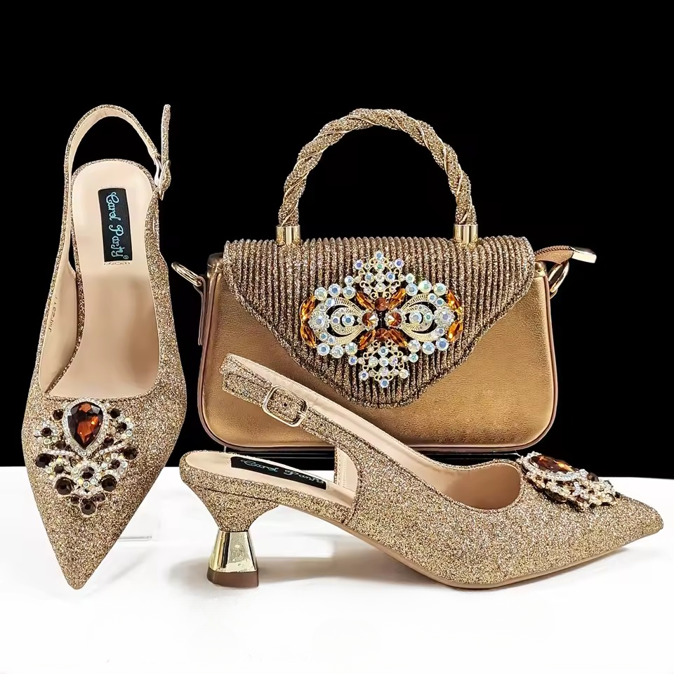 Luxury Rhinestone High Heels for Party Wedding Pointed Toe Shoe Bag Set