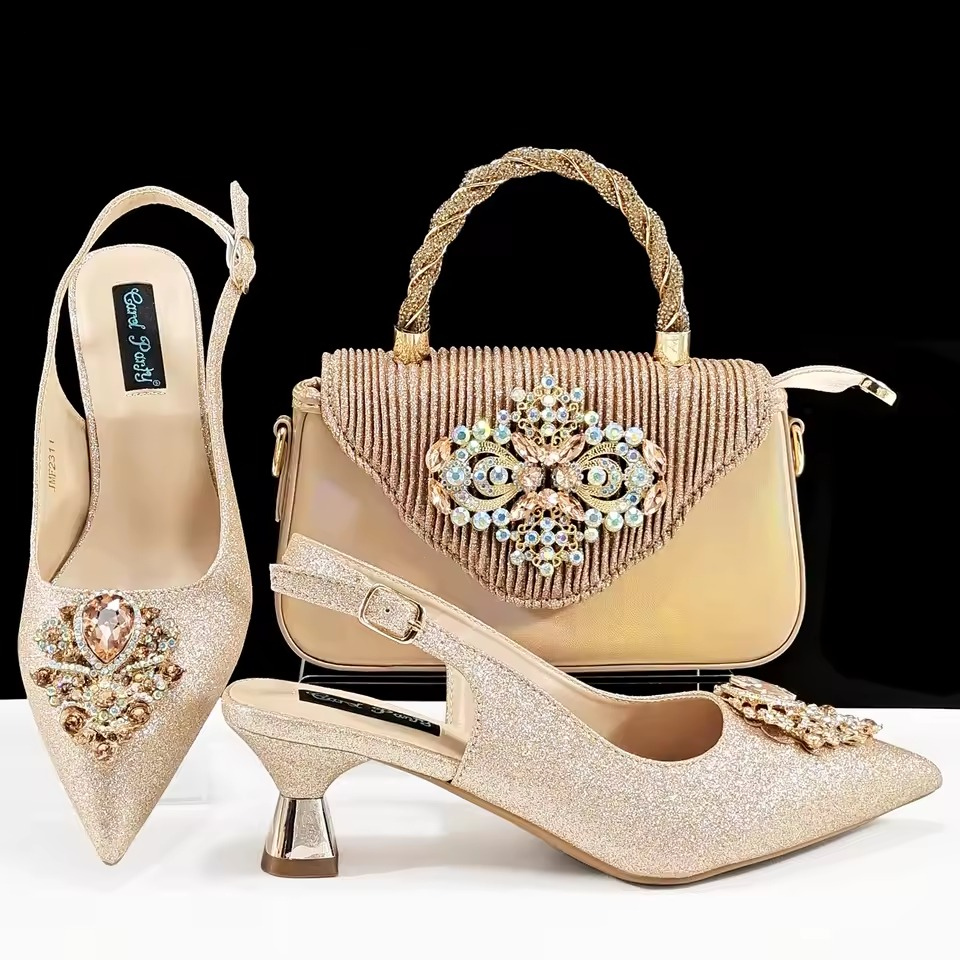 Luxury Rhinestone High Heels for Party Wedding Pointed Toe Shoe Bag Set