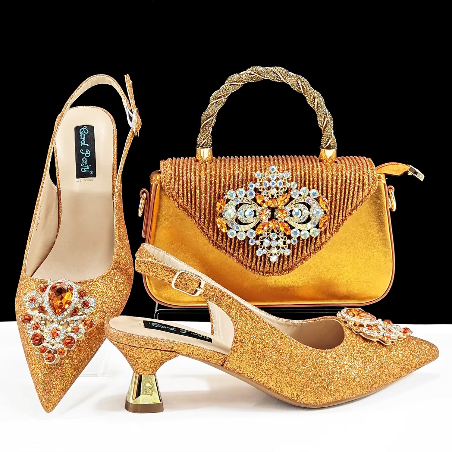 Luxury Rhinestone High Heels for Party Wedding Pointed Toe Shoe Bag Set