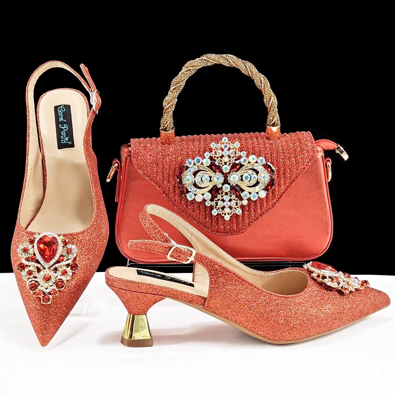 Luxury Rhinestone High Heels for Party Wedding Pointed Toe Shoe Bag Set