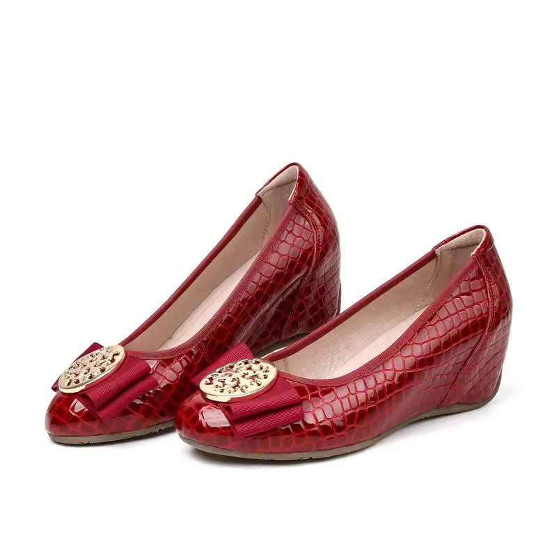 Rhinestones Bow Comfortable Plaid Round Head Patent Leather Heels Pumps