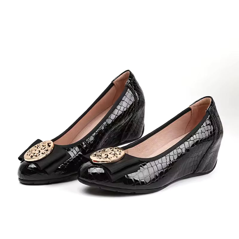 Rhinestones Bow Comfortable Plaid Round Head Patent Leather Heels Pumps
