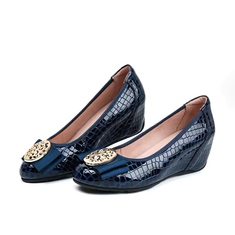 Rhinestones Bow Comfortable Plaid Round Head Patent Leather Heels Pumps