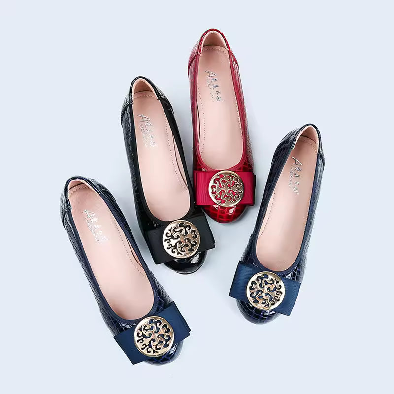 Rhinestones Bow Comfortable Plaid Round Head Patent Leather Heels Pumps