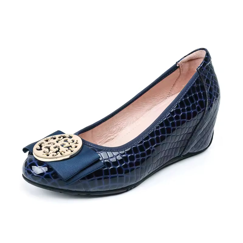Rhinestones Bow Comfortable Plaid Round Head Patent Leather Heels Pumps