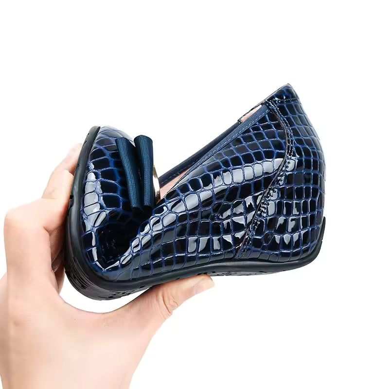 Rhinestones Bow Comfortable Plaid Round Head Patent Leather Heels Pumps