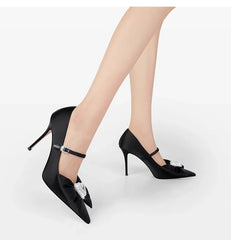 Rhinestones Bowknot Satin Pointed Toe High Heels Pumps