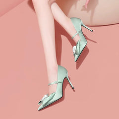 Rhinestones Bowknot Satin Pointed Toe High Heels Pumps