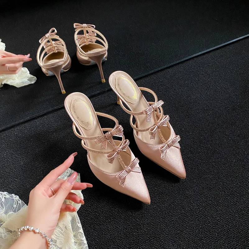 Rhinestones Bowknot Satin Pointed Toe Wedding Party Thin High Heels