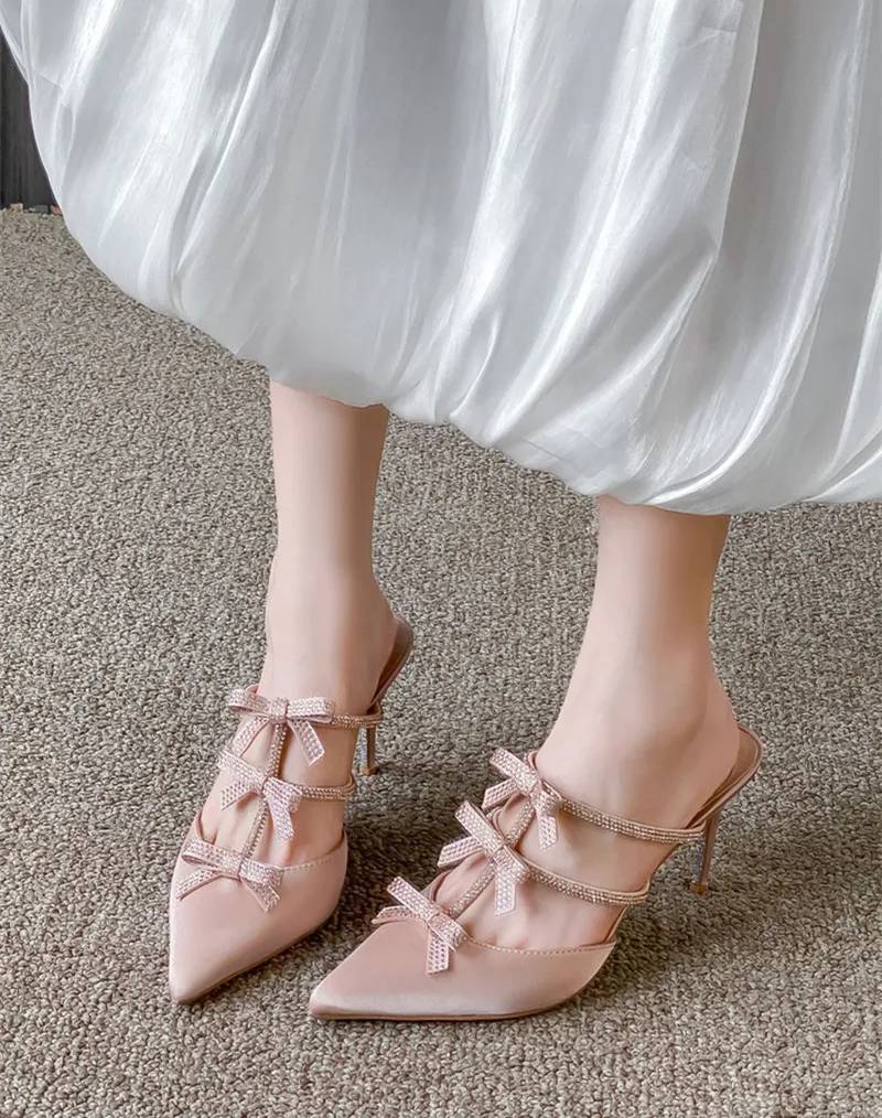 Rhinestones Bowknot Satin Pointed Toe Wedding Party Thin High Heels