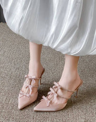 Rhinestones Bowknot Satin Pointed Toe Wedding Party Thin High Heels